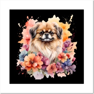 A pekingese decorated with beautiful watercolor flowers Posters and Art